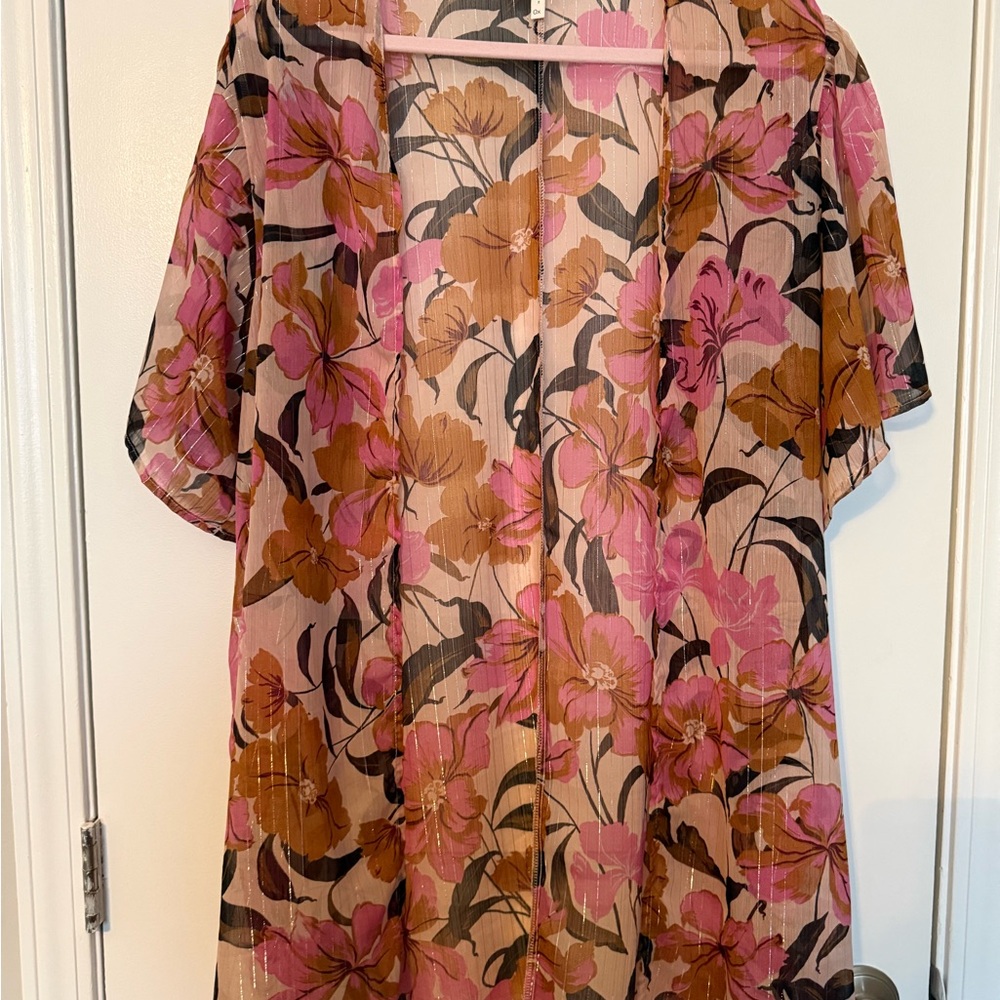 Maurices Pink and Tan Sheer Floral Kimono